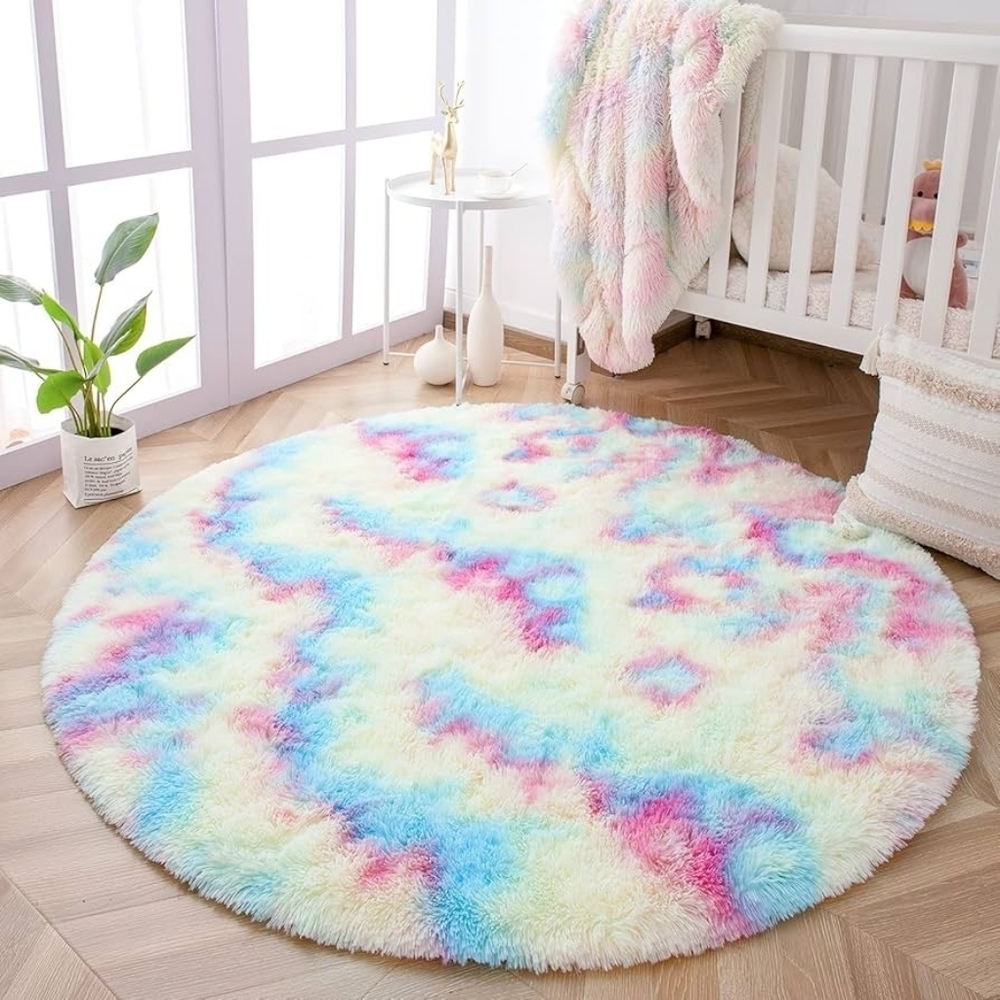 NWOT Home Decor Round Tie-Dye Shag Rug One Size Pink Blue 60"x60"